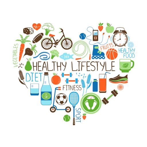 Cartoon images of ways to be active put together in the shape of a heart. Healthy Lifestyle is writt