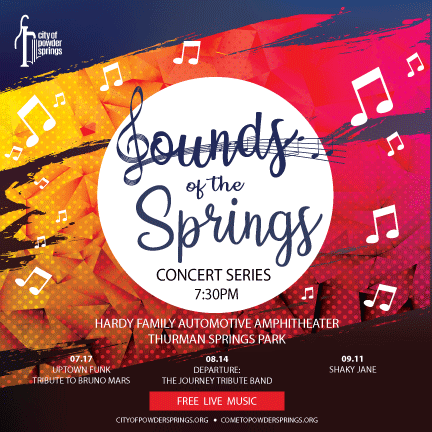 Sounds of the Springs Poster with splash of colors on a dark blue and black background.