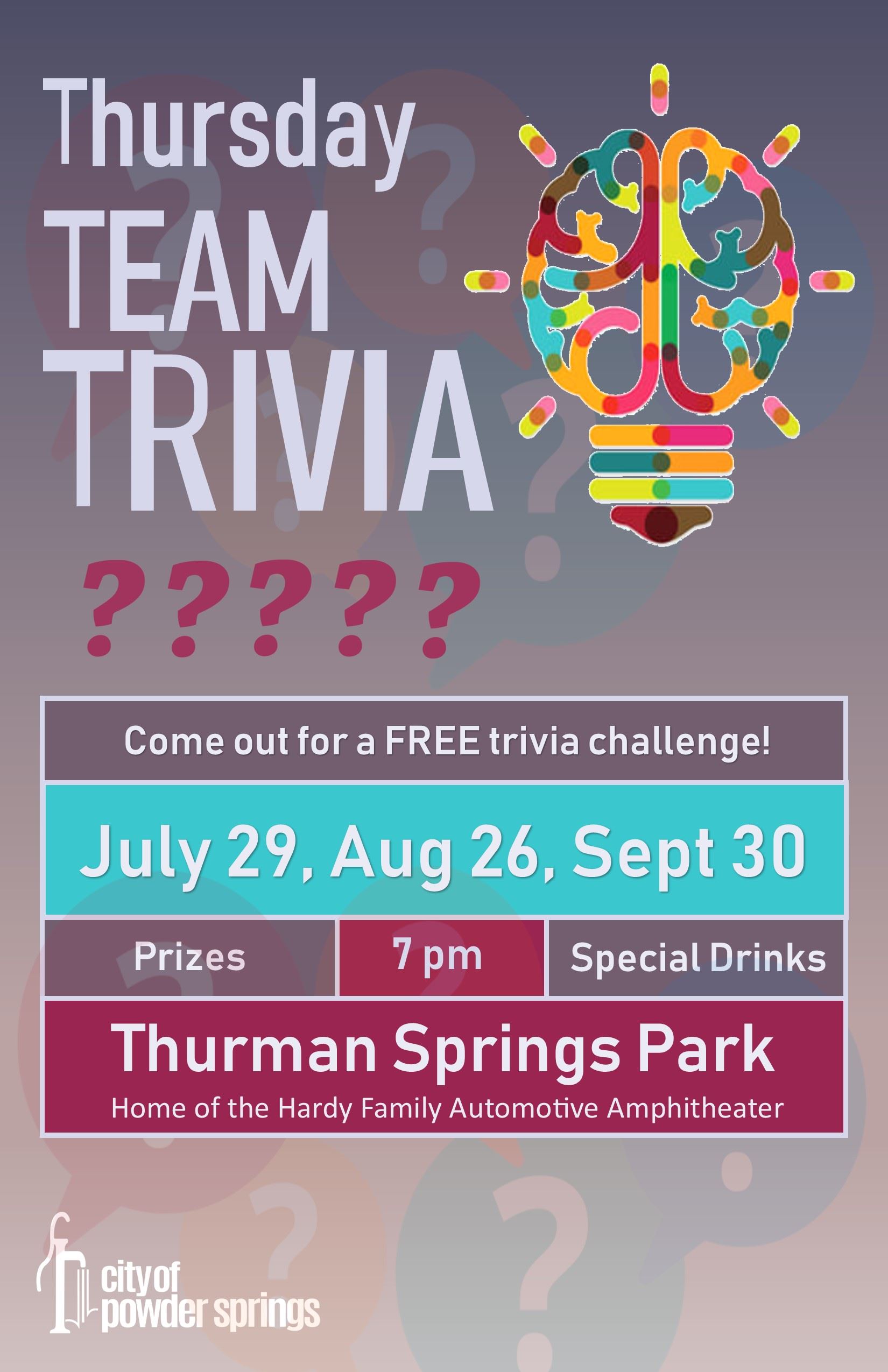 Thursday Team Trivia Poster. Colorful light bulb on a purple background and info about the event.