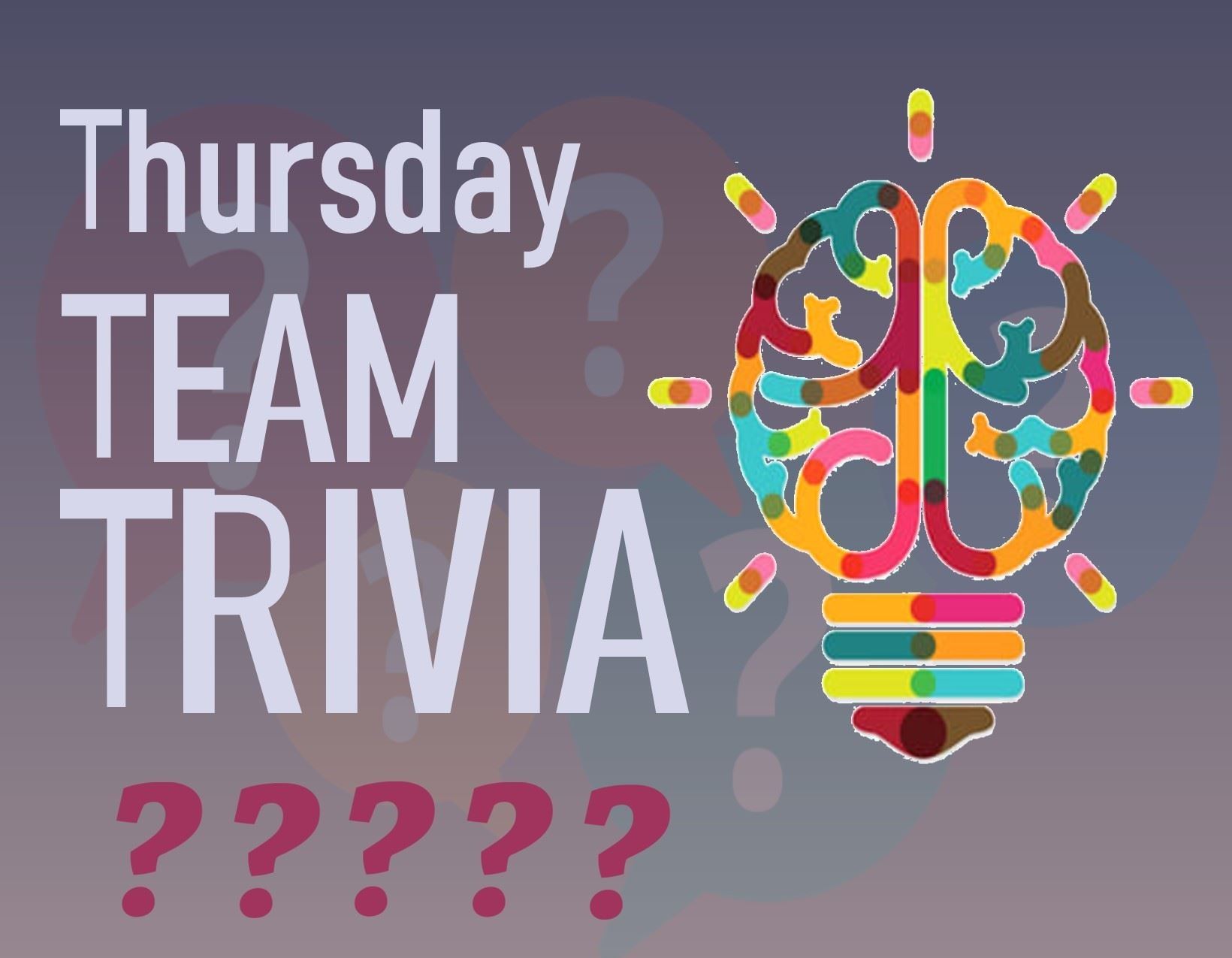 Thursday Team Trivia Poster. Colorful light bulb on a purple background and info about the event.
