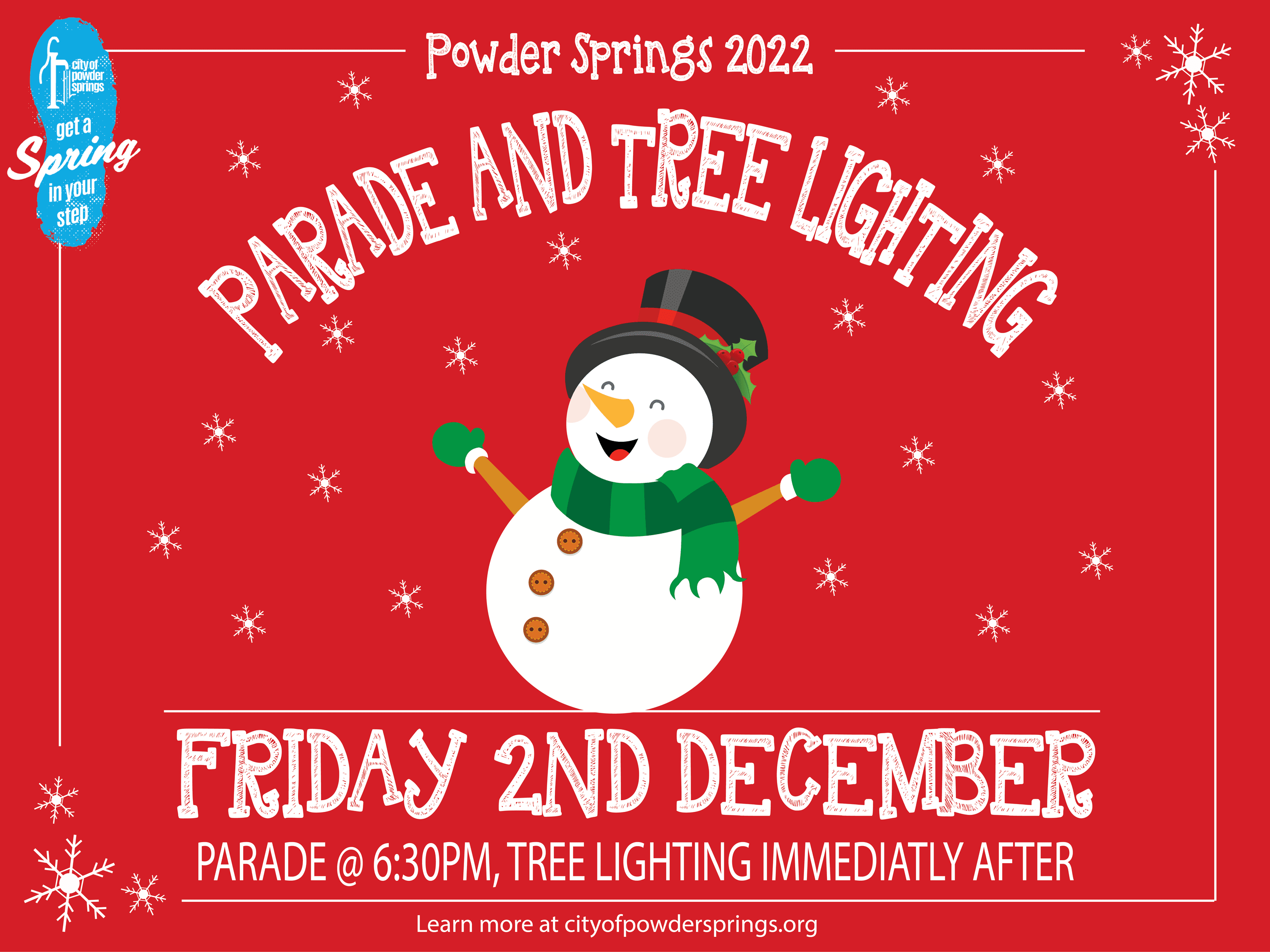 Yard sign graphic for Christmas events 2022, featuring snowman on red background and text