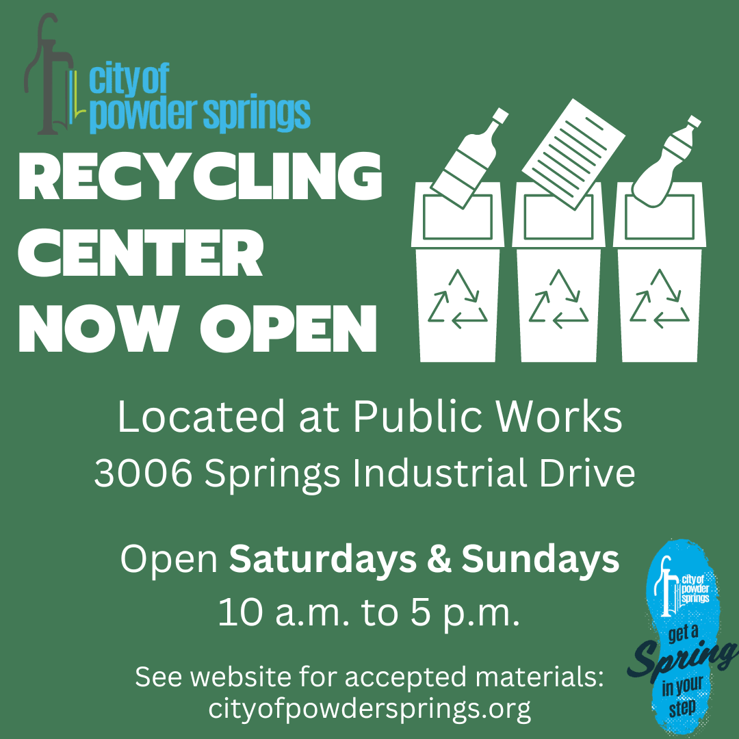 Recycling Center Now Open graphic featuring text, three recycling bin graphics and city logos