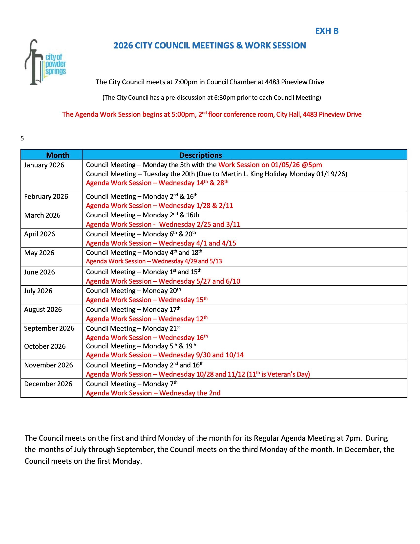 2026 City Council Meeting Calendar