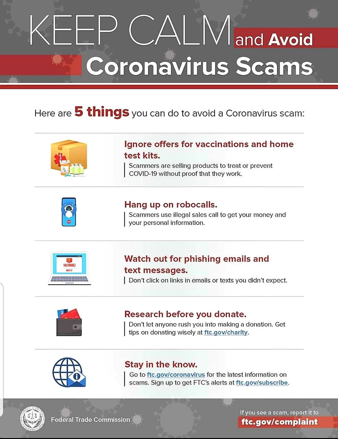 How to Avoid Coronavirus Scams poster from the Federal Trade Commission