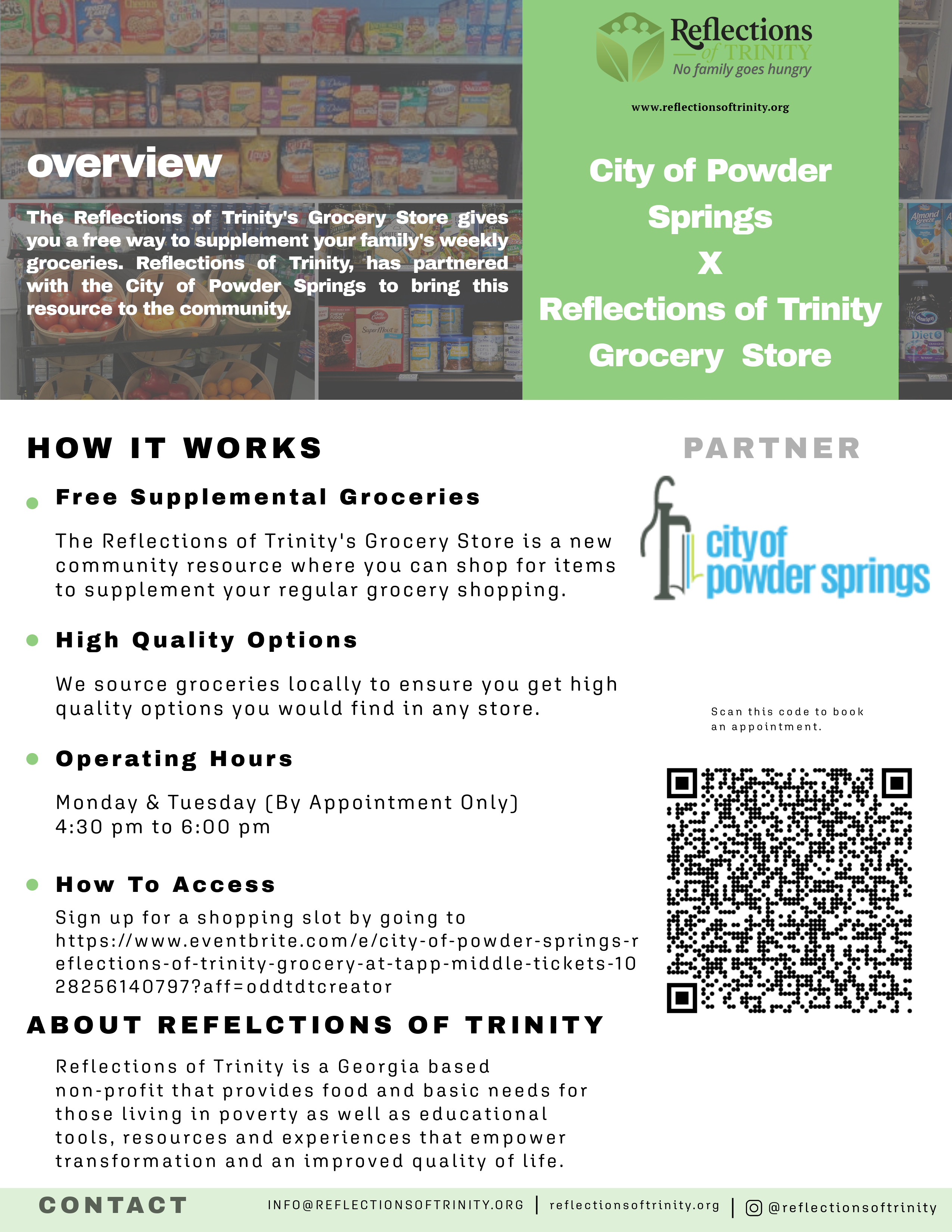 Reflections of Trinity Grocery Store flyer with text, QR code and background image of grocery aisle
