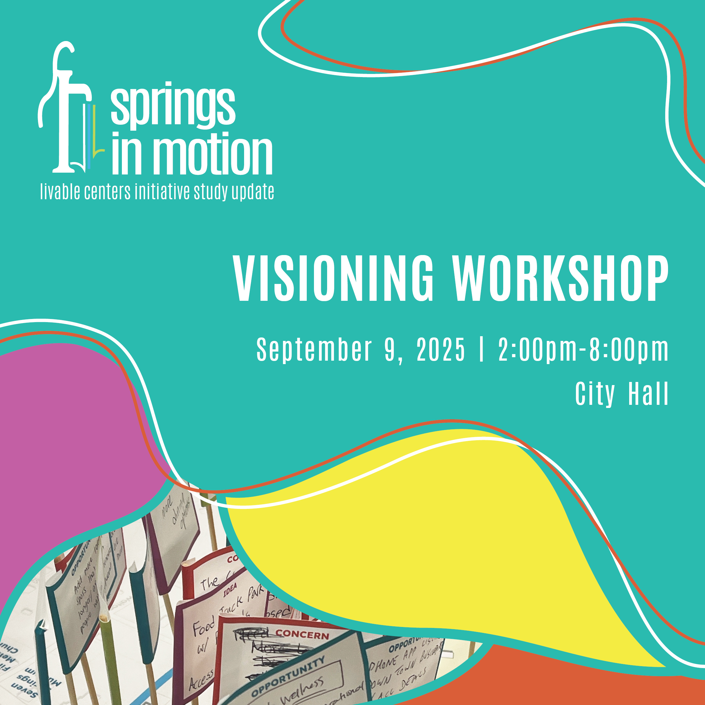 Ad graphic Visioning Workshop featuring text and portion of image showing flags with ideas on them